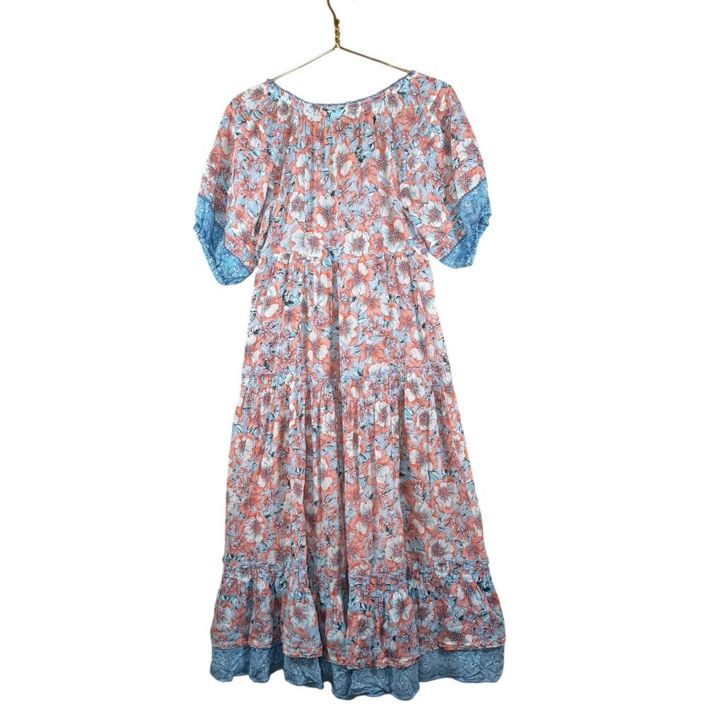 Poupette St Barth Floral Boho Midi Dress Blue Orange Print Size XS Romantic - Picture 14 of 14